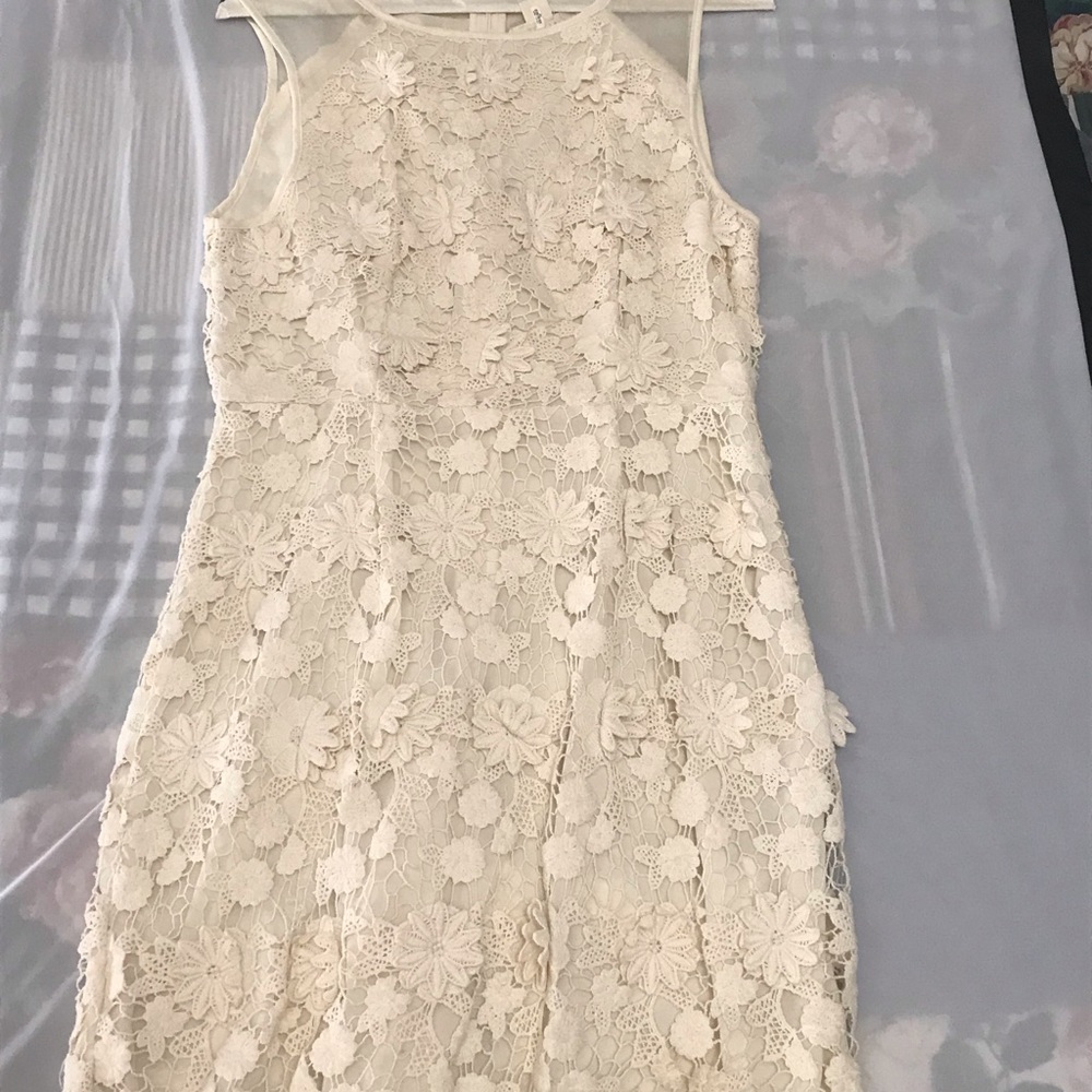 Thistlepearl Cream Embroidered leaf lace dress with sheer neckline